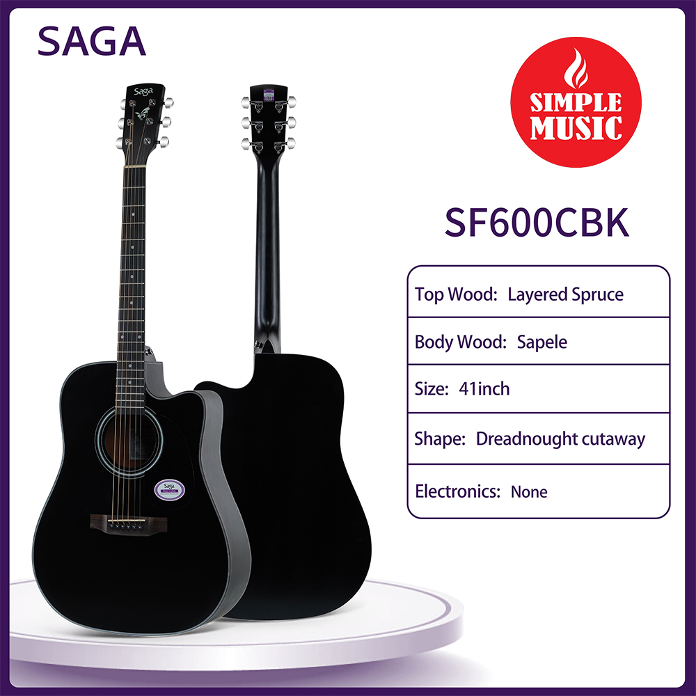 SAGA SF600CBK 41 Dreadnaught Cutaway Acoustic Guitar - Black